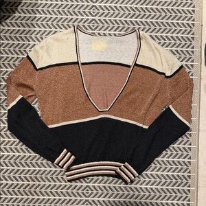 Free People Colorblock V-Neck Sweater in Brown, Cream & Black